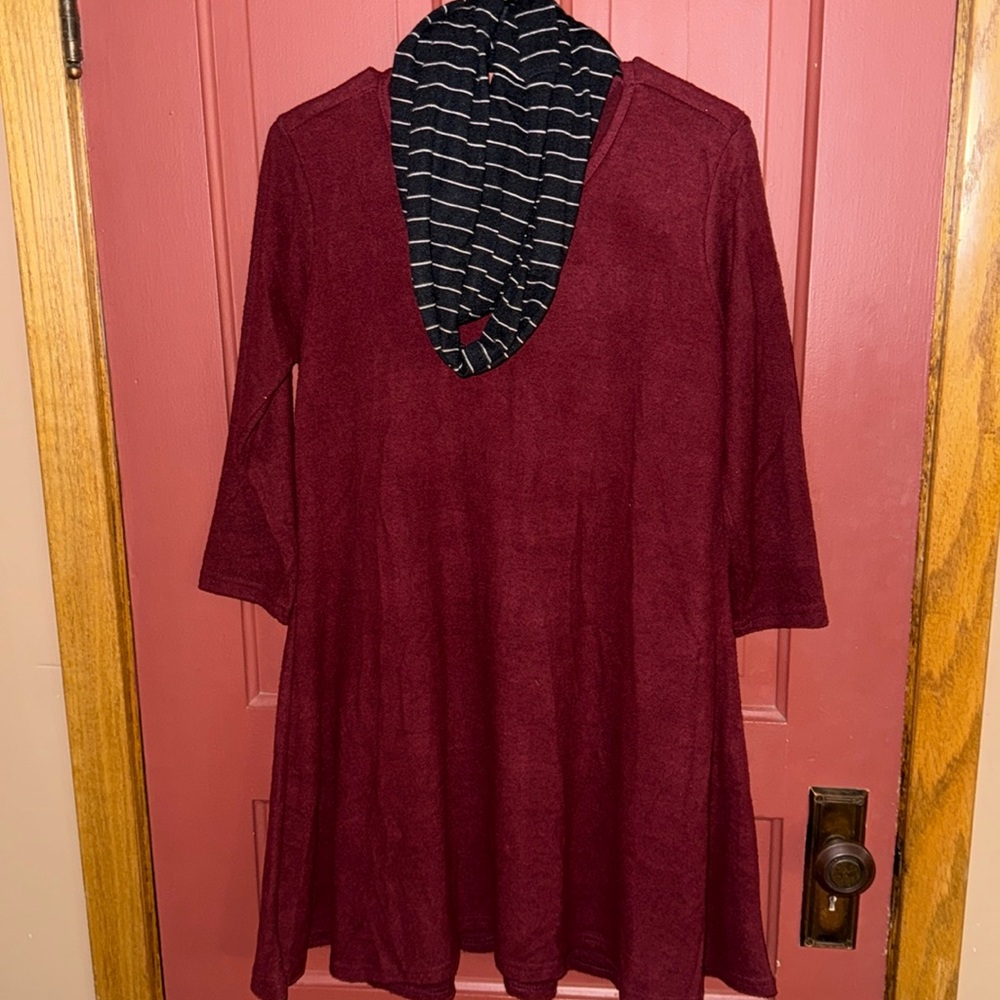 red dress with optional black and white scarf